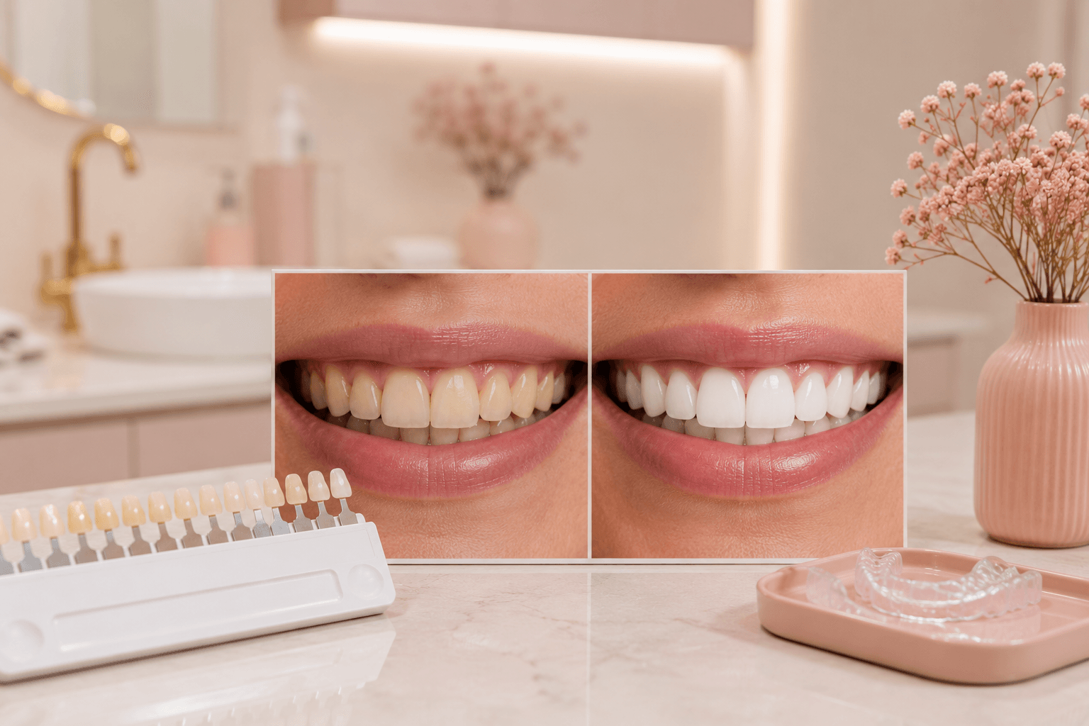 A before-and-after comparison of a smile showing yellowed teeth beside noticeably whiter teeth, with a shade guide alongside